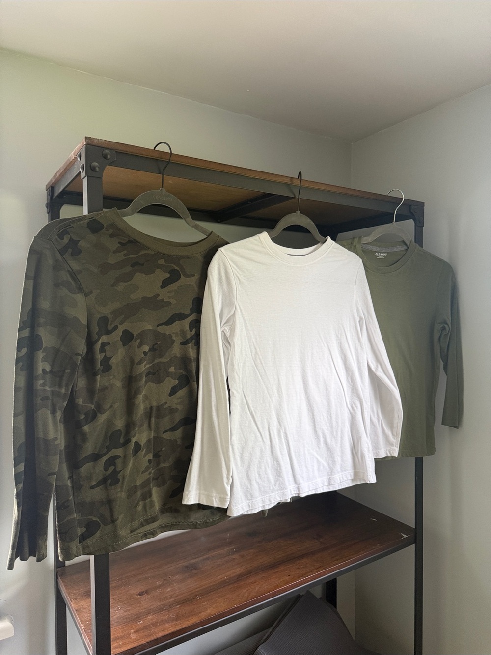 3 Old Navy Kids Long Sleeve Tees - Olive Camo, White, Olive